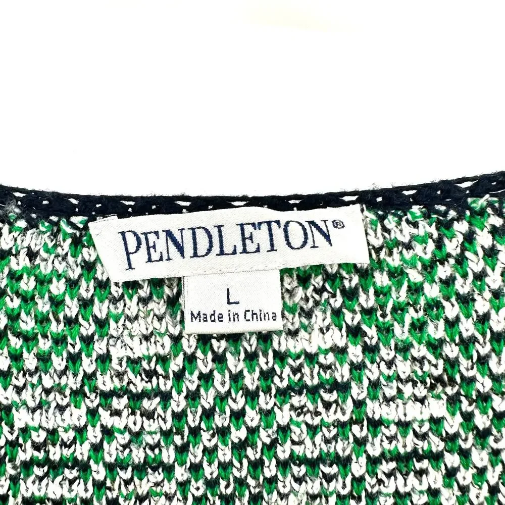 Pendleton Size Large Sweater Jacket Silk Green Black White Chevron Knit Cardigan